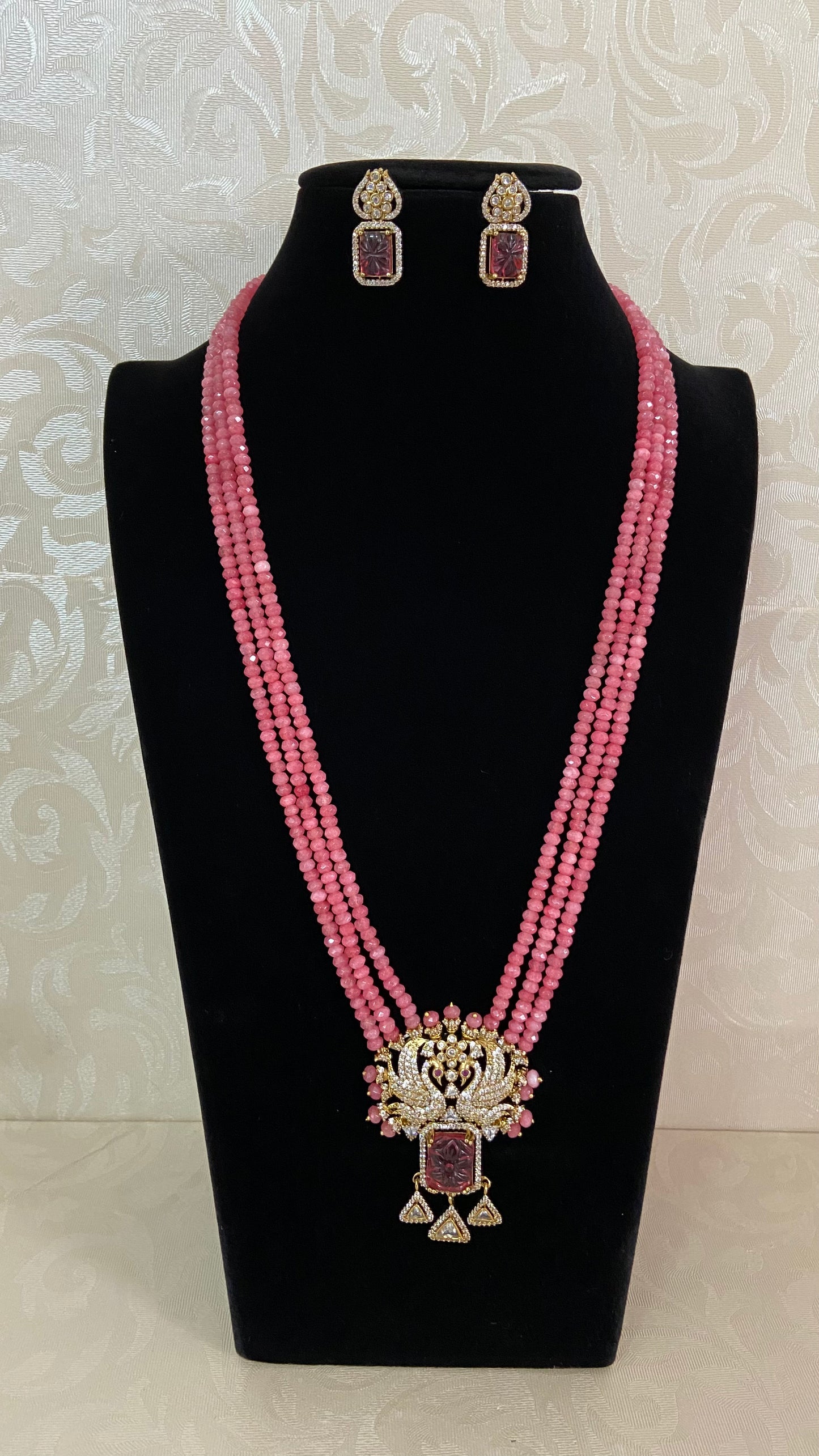 Luxury Onyx Beads Necklace Set | CZ Peacock Pendant with Stud Earrings | Indian Jewelry In USA