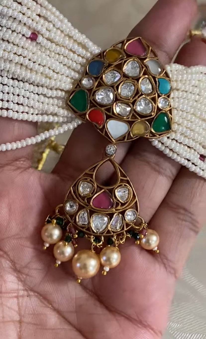 Navaratan Pendant Pearl Choker Set | Indian traditional jewelry