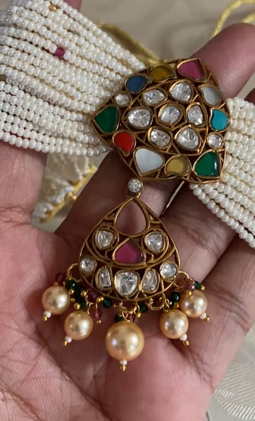 Navaratan Pendant Pearl Choker Set | Indian traditional jewelry