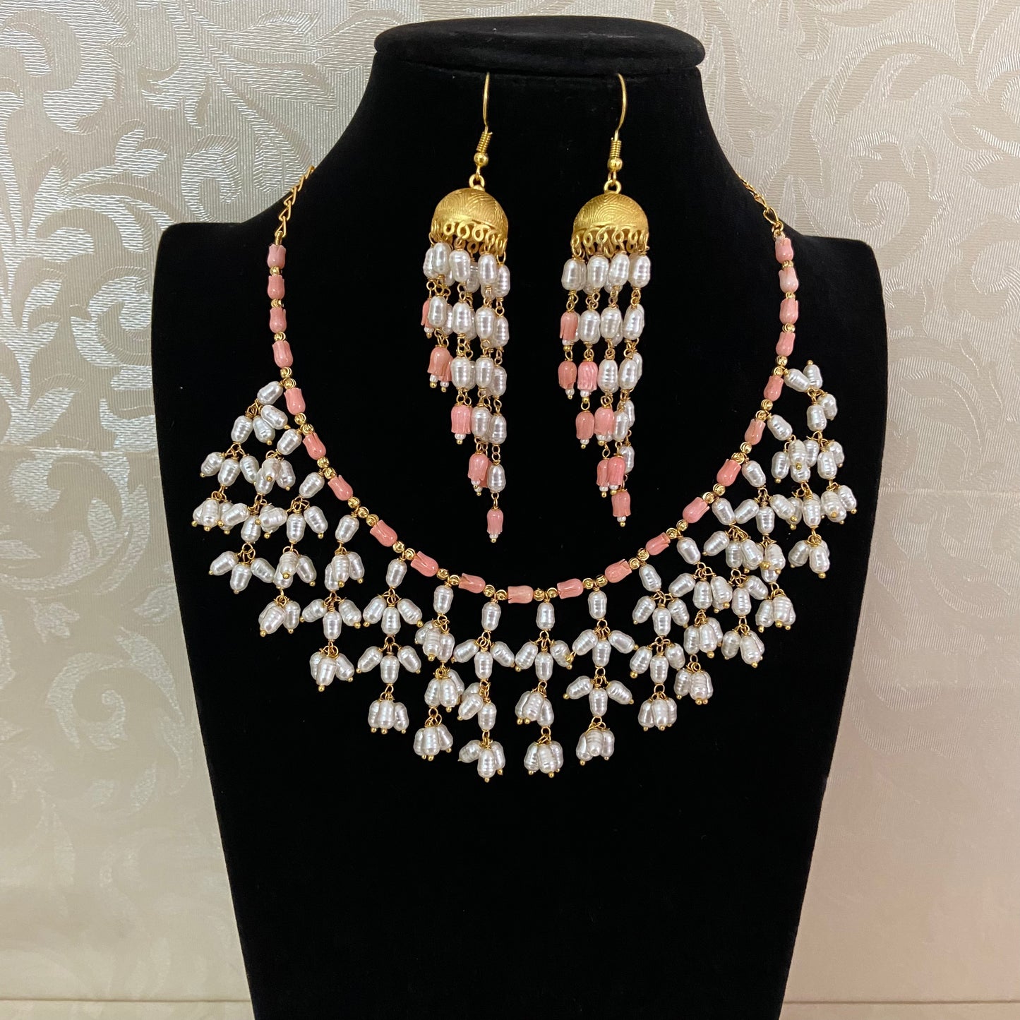 Coral Pearl Blossom Necklace Set | Indian jewelry in USA | Gift Idea