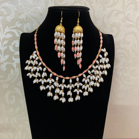 Coral Pearl Blossom Necklace Set | Indian jewelry in USA | Gift Idea