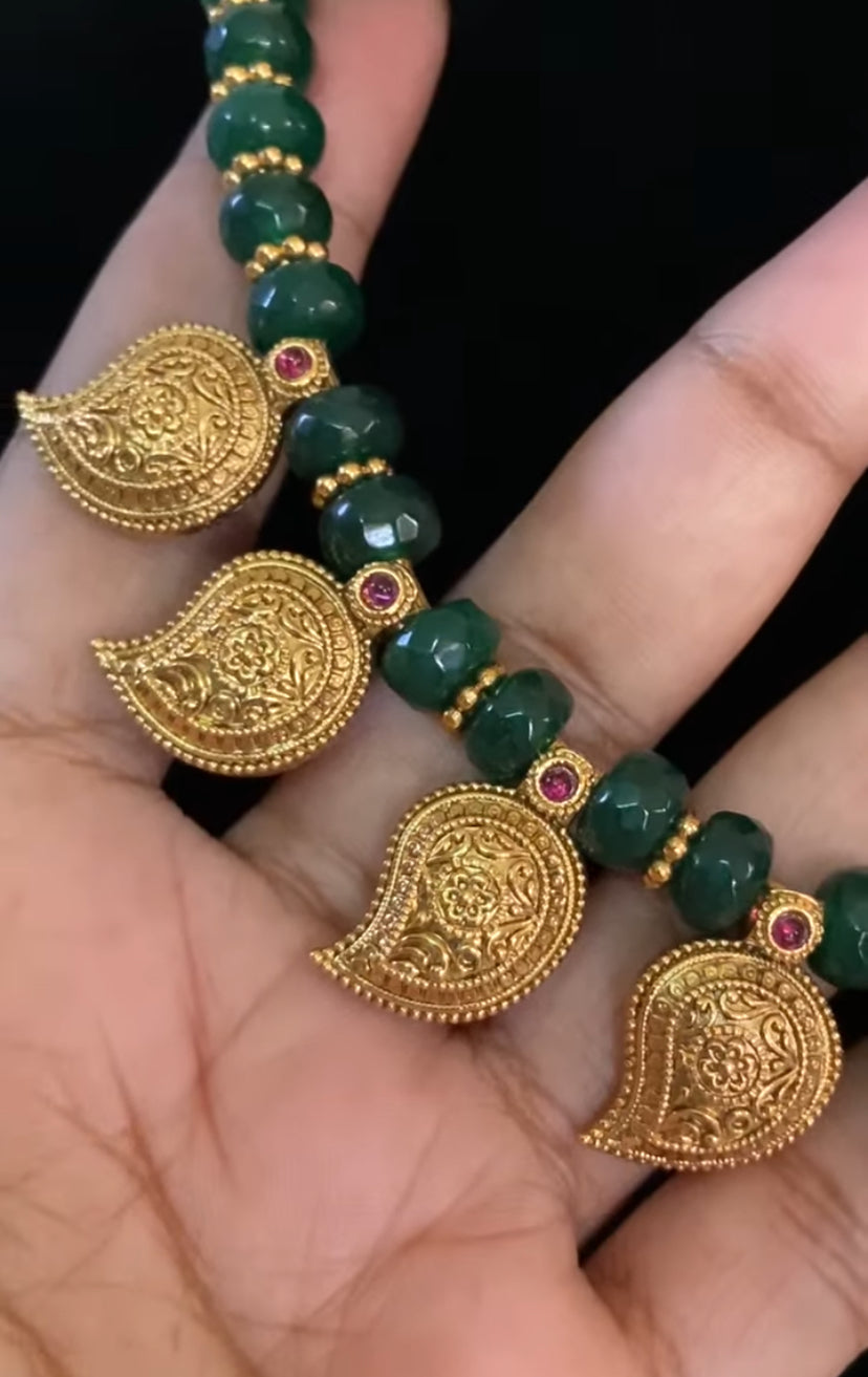 Antique Mango Pendants Green Beads Necklace | Beautiful Necklace Set