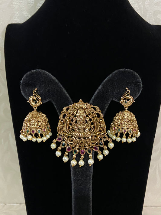 Temple  Lakshmi Pendant With Jumkis | Traditional Indian Pendant