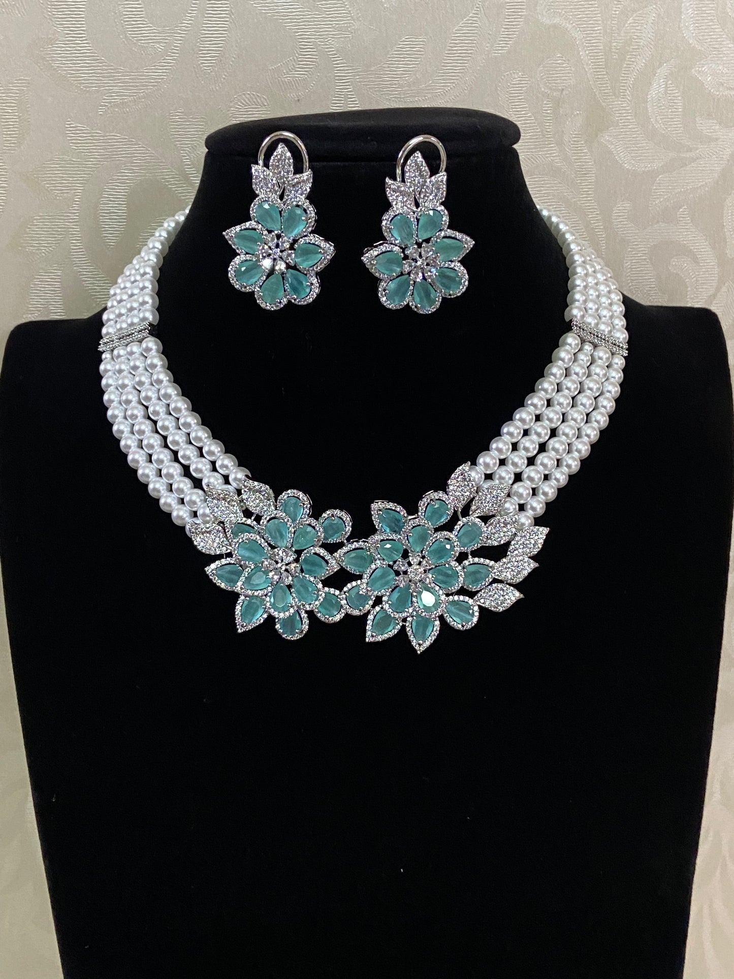 AD Mint Green Moti Necklace With Earrings | AD Rhodium Pearl Necklace |  Gift Idea
