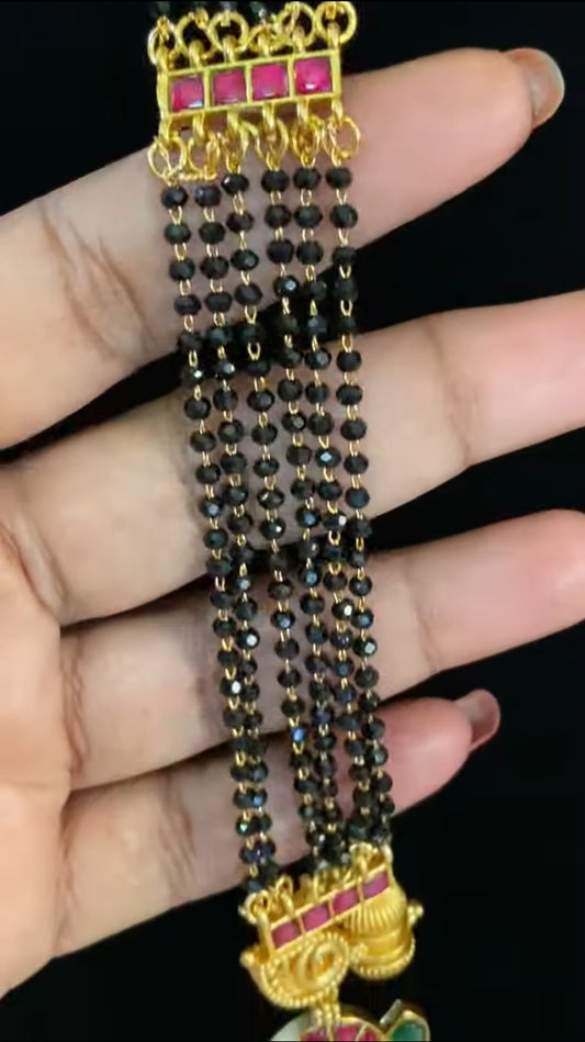 Jadau Kundan Pendant long Black Beads Necklace  | Traditional Mangalasutra