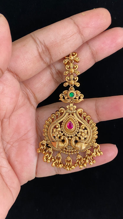 Antique Peacock Maang Tikka | Traditional Temple Maang Tikka