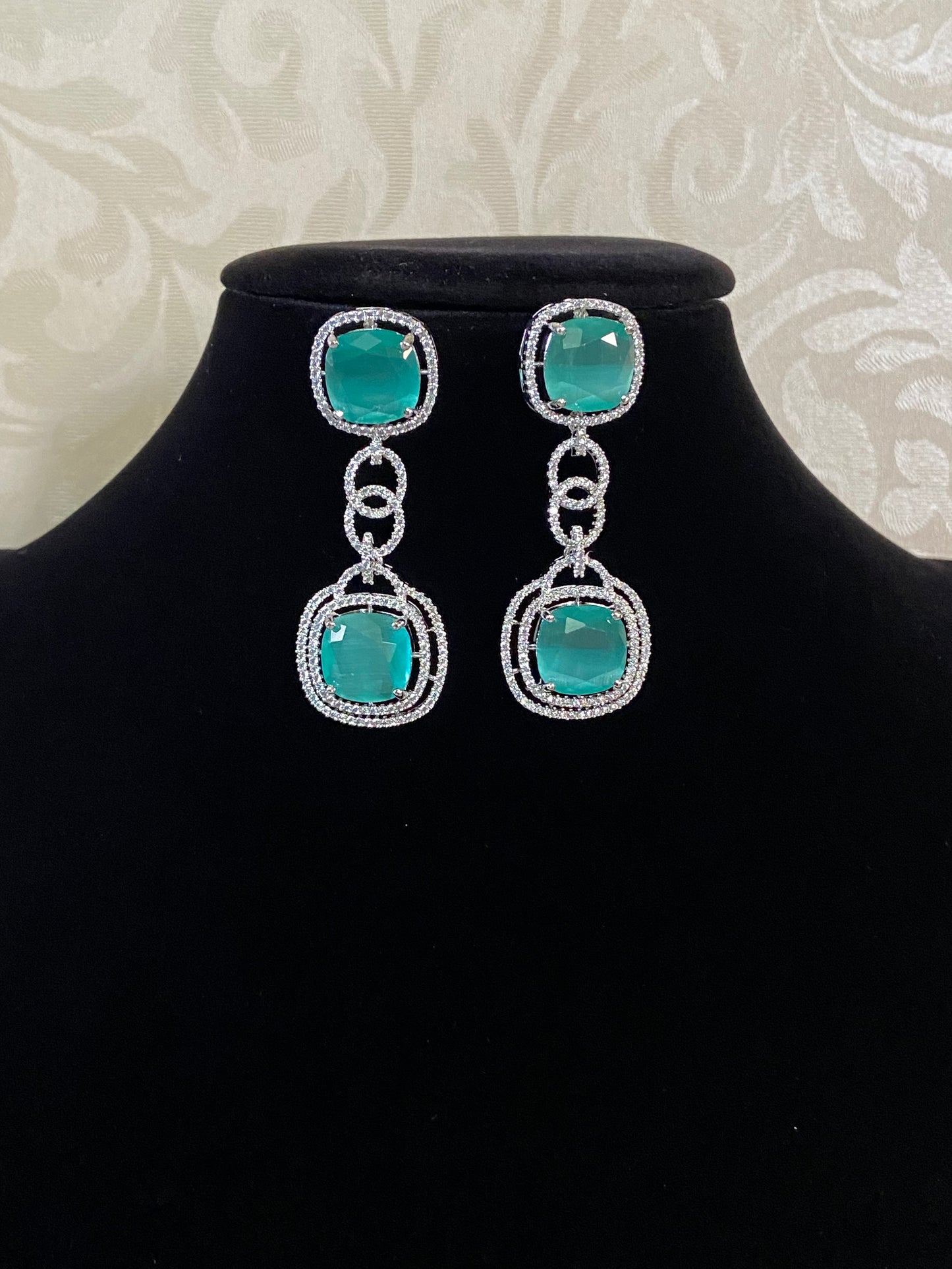 AD Rhodium Seagreen & White Earrings