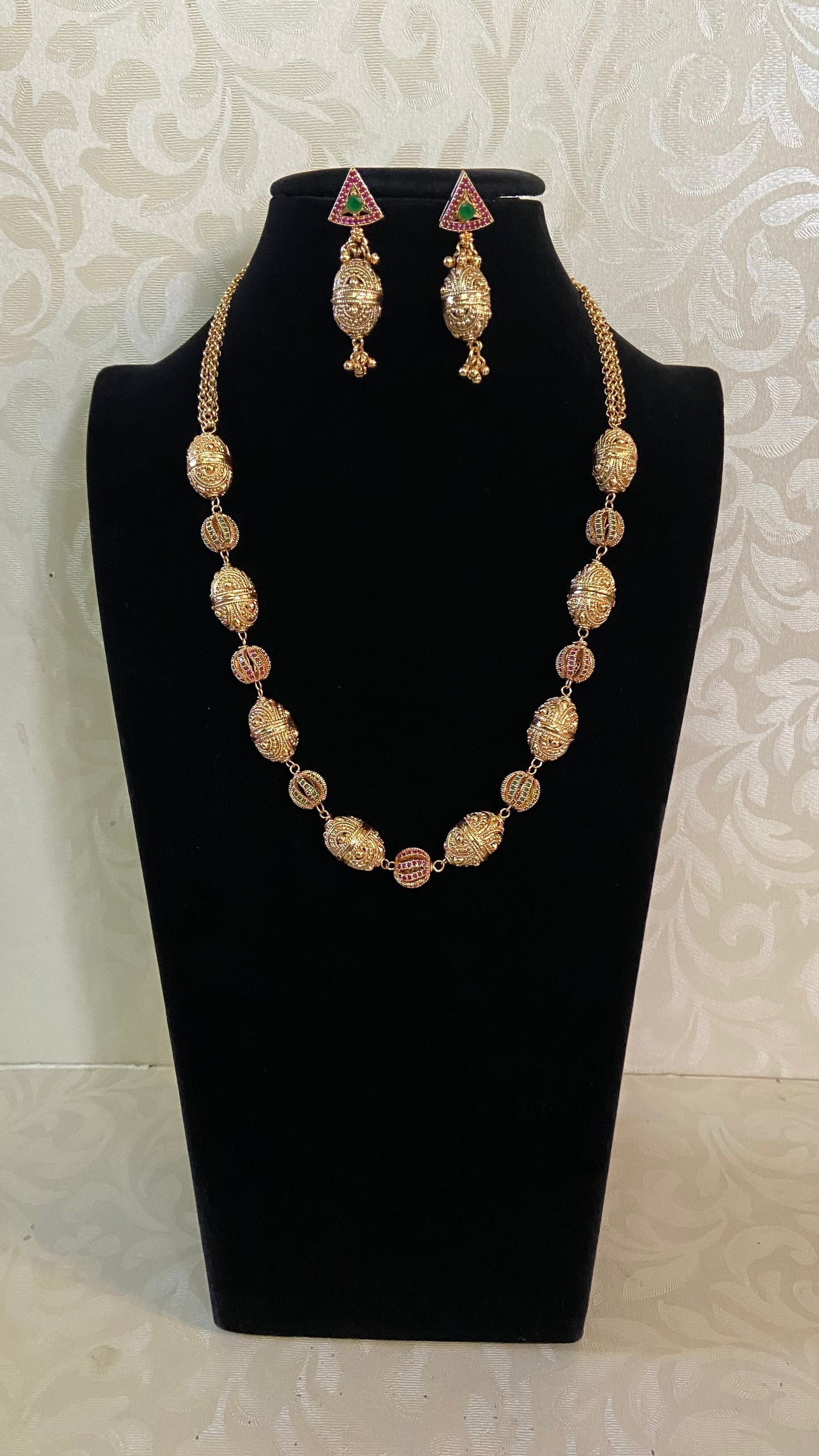 Antique Beads & Ruby Green Beads Mala Set | Indian Necklace