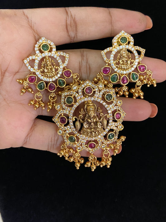 CZ Lakshmi Pendant & Earrings | Traditional Pendant Set