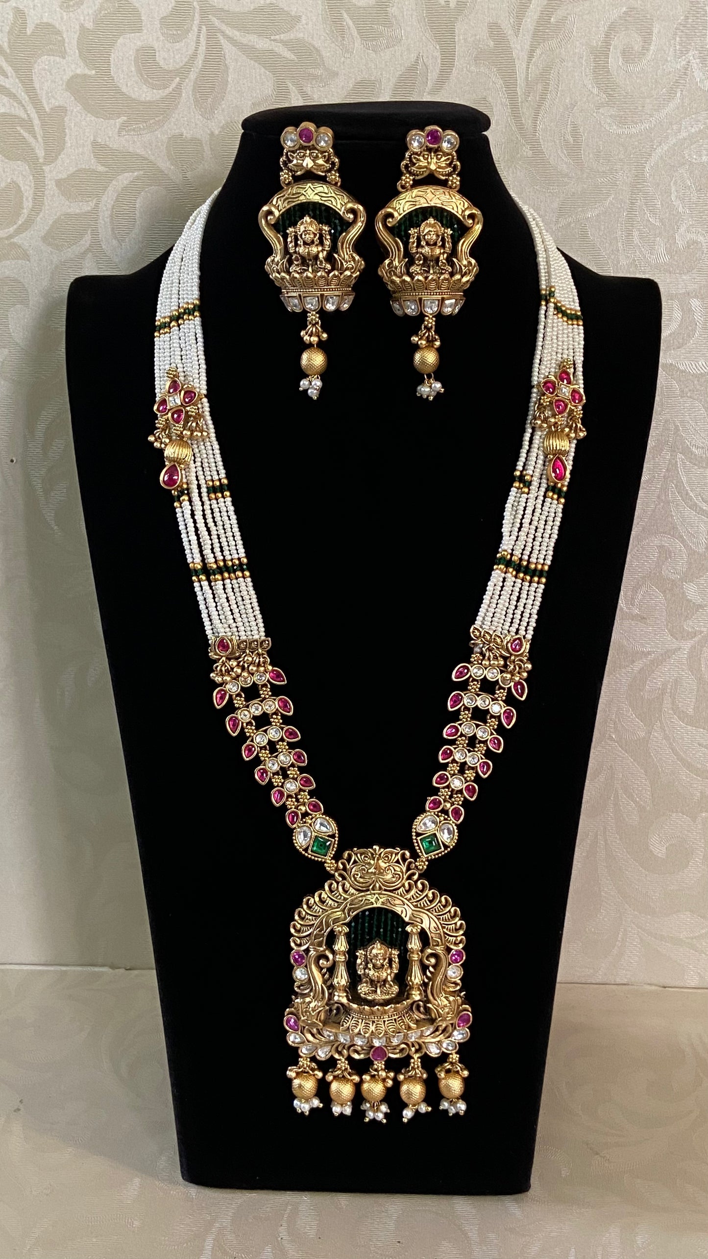 Lakshmi Pendant Kundan Pearl Mala | Multi Designer Necklace |  Temple jewelry