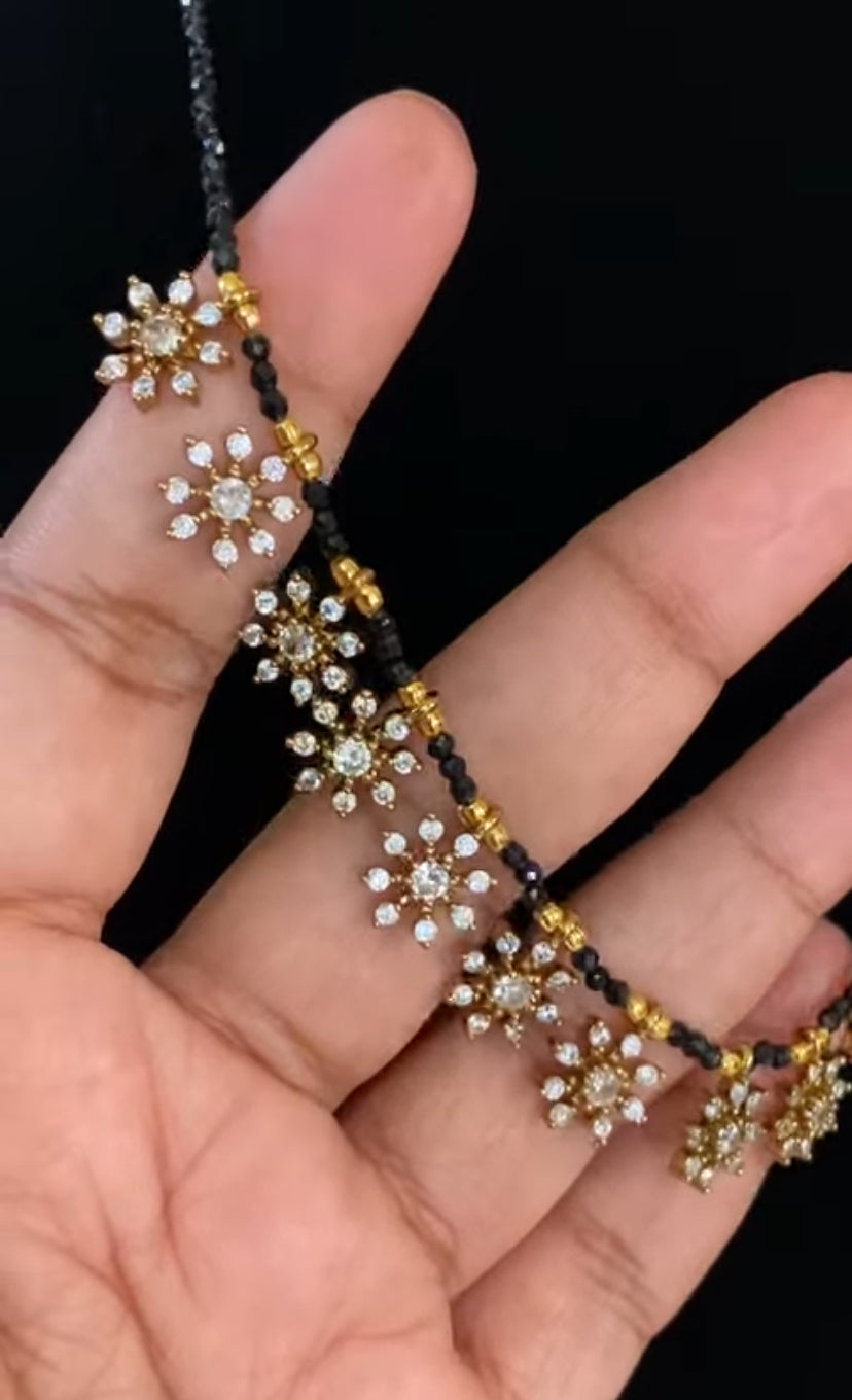 16” length AD Flower Pendants Mangalasutra | Traditional Black Beads Necklace