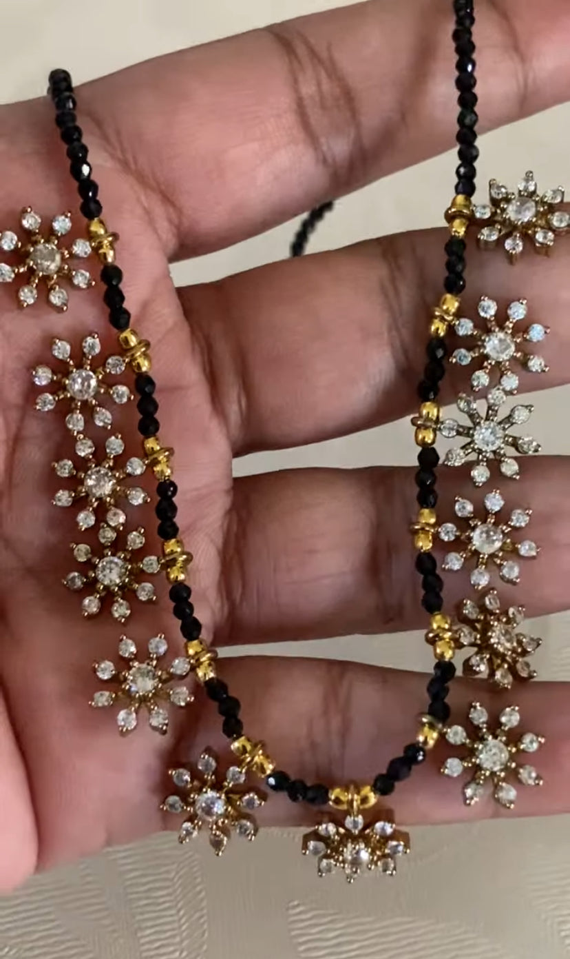 16” length AD Flower Pendants Mangalasutra | Traditional Black Beads Necklace