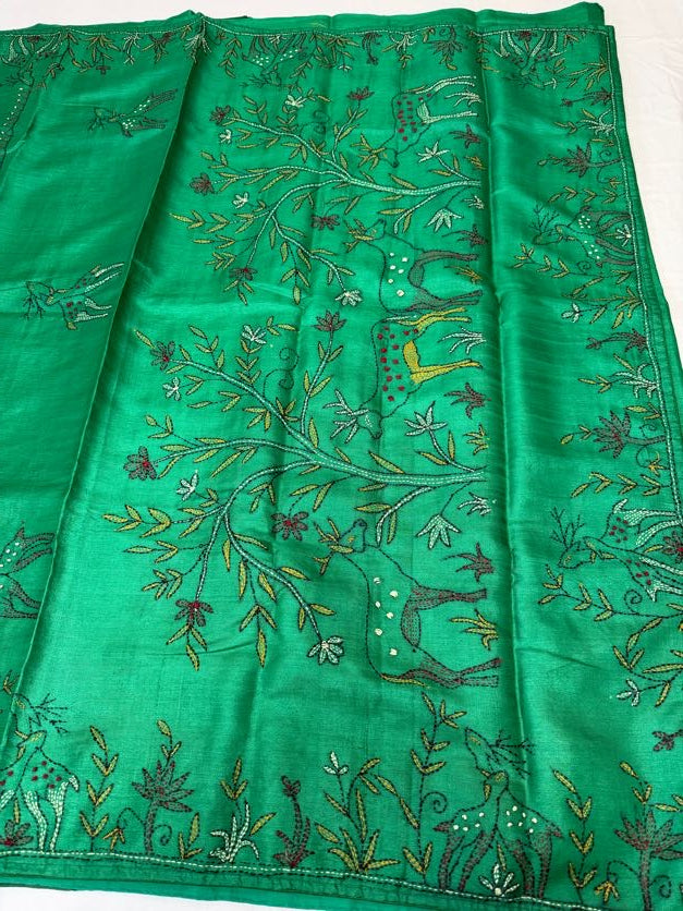 Premium Tussar kantha Work Saree |  Party wear saree | Hand Embroidery Sarees in USA
