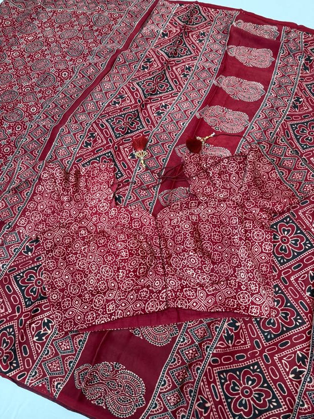 Pure Ajrakh Print Modal Silk Saree  | Party Wear Indian Sarees in USA