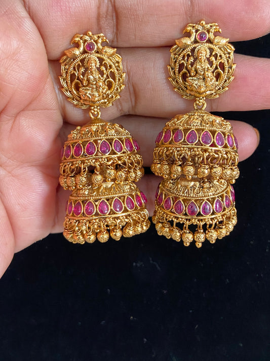 Antique Lakshmi Double Jumki Earrings  | Traditional Temple Earrings | Gift Idea