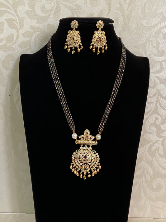 Peacock Pendant Mangalsutra With Earrings |  Black Beads Necklace