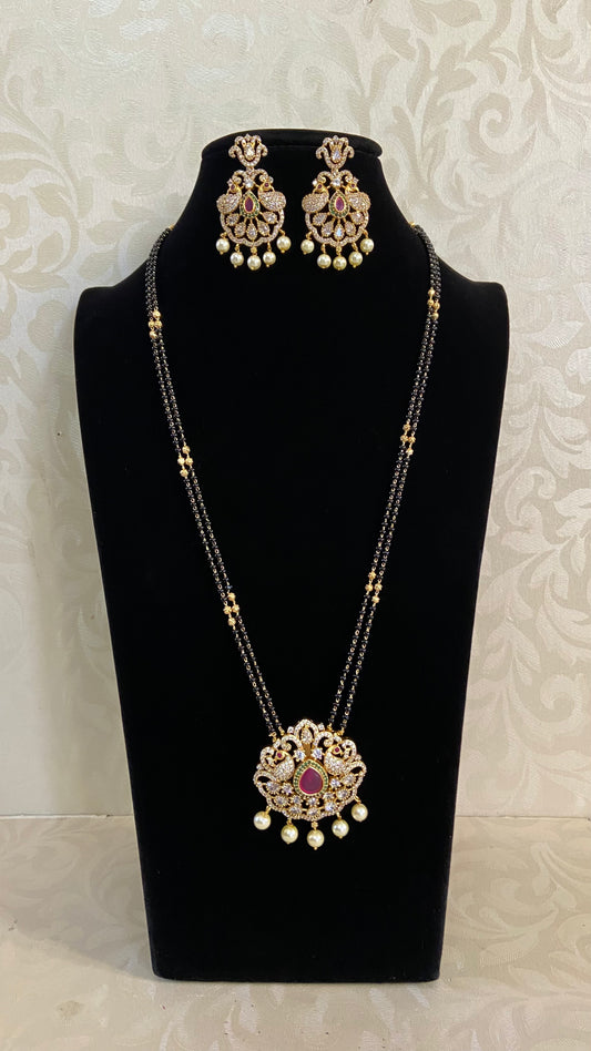CZ Pendant long Black Beads Necklace With Earrings | Traditional Mangalasutra