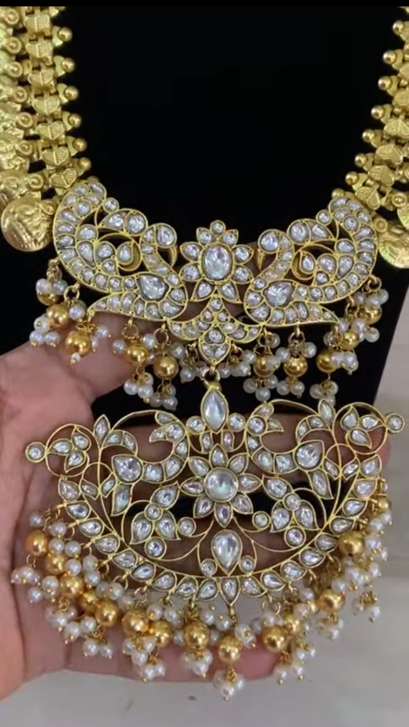 Gold polish jadau kundan long necklace With Jumkis | Indian Bridal Long Necklace