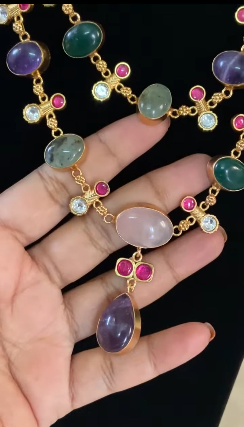Natural Stones Multicolour Fusion 2Layer Necklace Set | Latest Indian jewelry