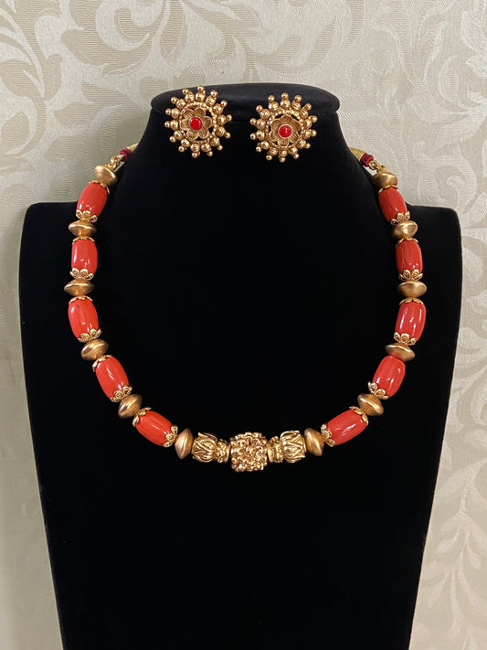 Coral Mala Necklace with Studs | Handmade Jewelry