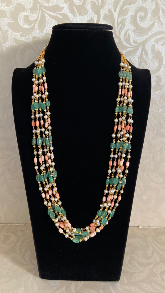 Premium quality Coral Pearl Onyx Green Beads Mala Necklace | Indian Jewelry In USA