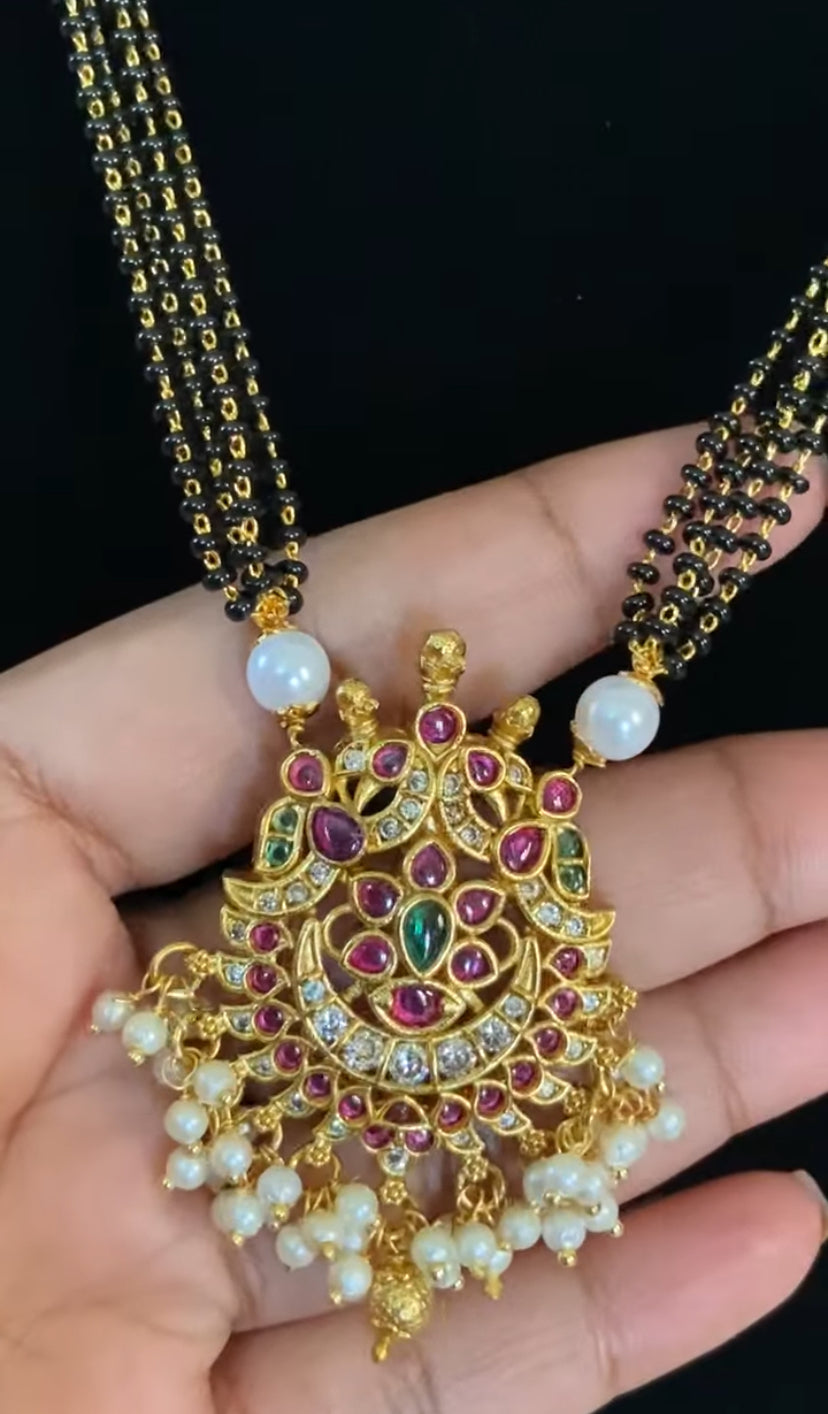 Antique Ruby Pearl Pendant Mangalasutra | Traditional Black Beads Necklace