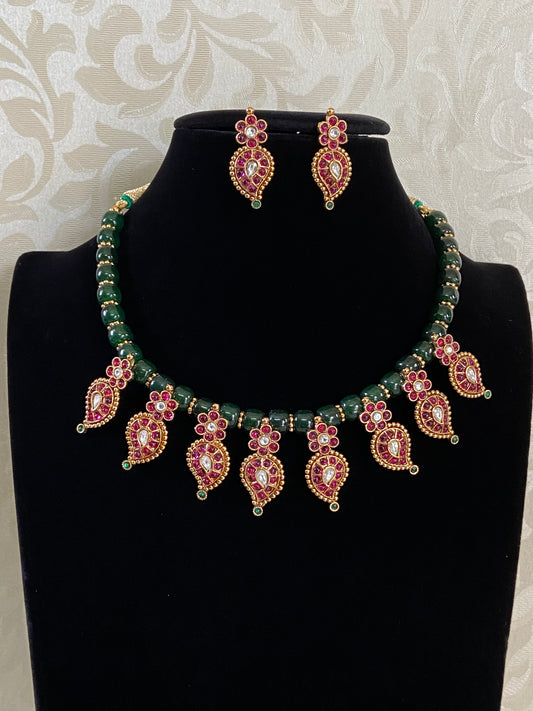 Kemp Mango Pendants Green Beads Necklace | Beautiful Necklace Set