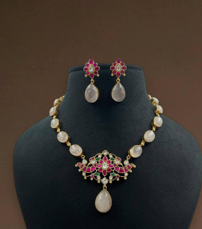 Jadau Pendant Natural Stones Fusion Necklace Set | Indian Necklace | Gift idea