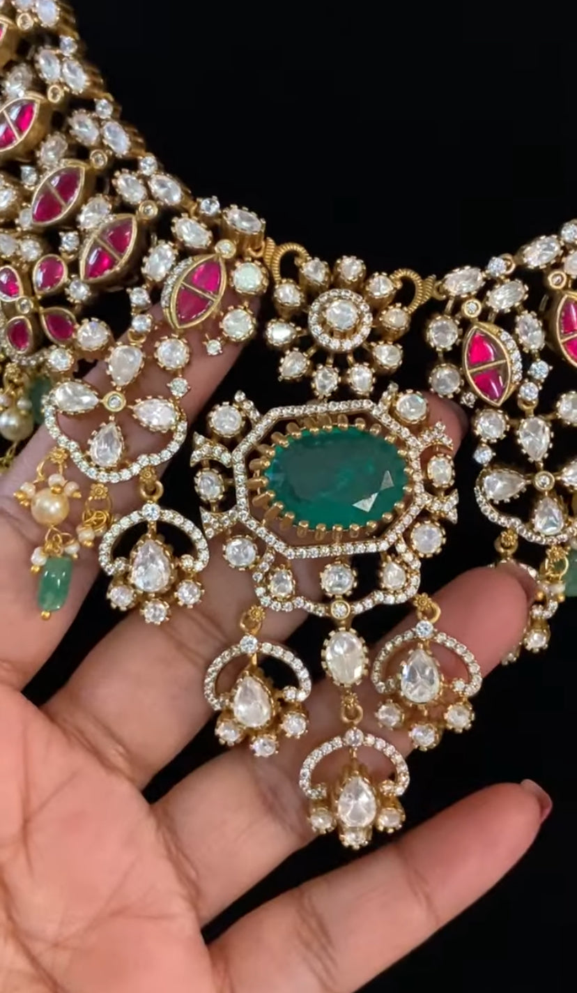 Moissanite & Jadau Fusion Bridal Choker With Earrings | Indian Jewelry
