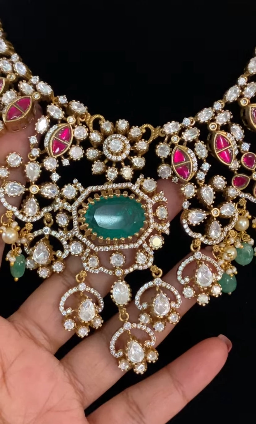 Moissanite & Jadau Fusion Bridal Choker With Earrings | Indian Jewelry