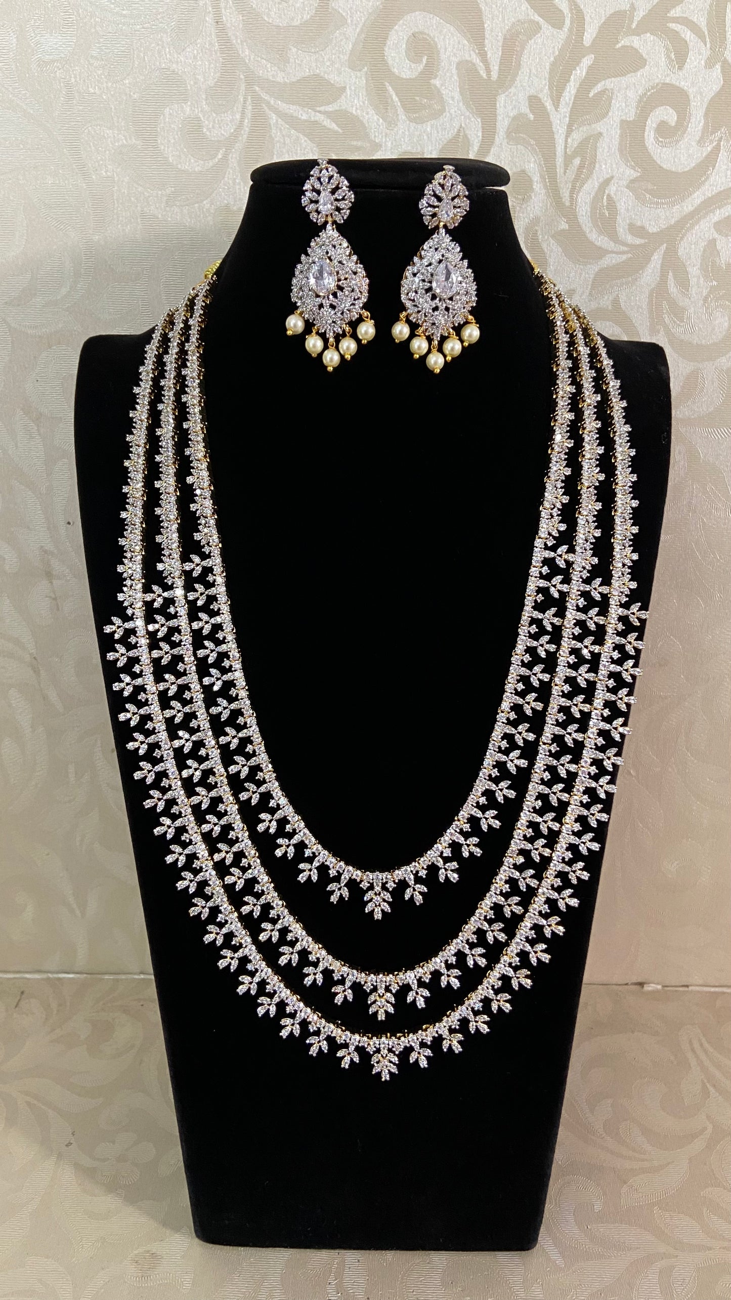 Premium Long 3Layered AD Necklace Set | Indian Bridal Necklace