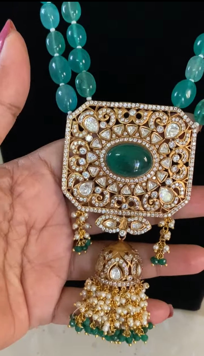 Polki Pendant Green Beads Necklace With Jumkis | Indian jewelry