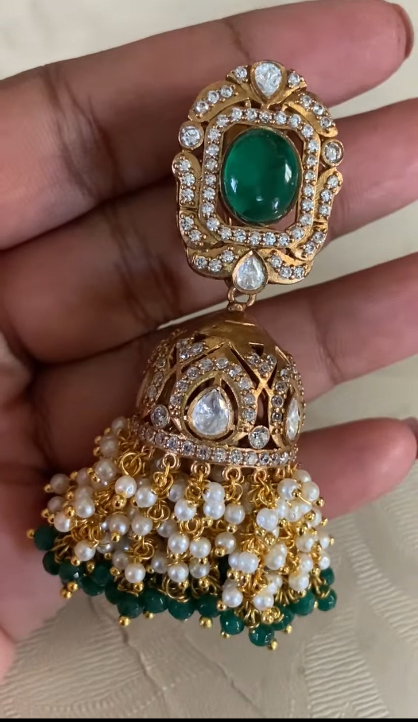 Polki Pendant Green Beads Necklace With Jumkis | Indian jewelry