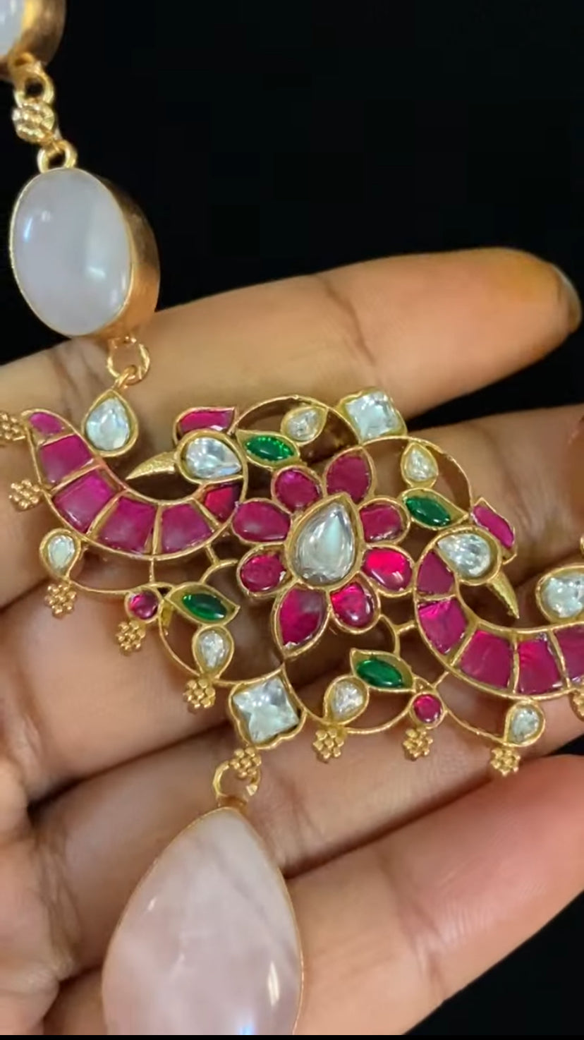 Jadau Pendant Natural Stones Fusion Necklace Set | Indian Necklace | Gift idea