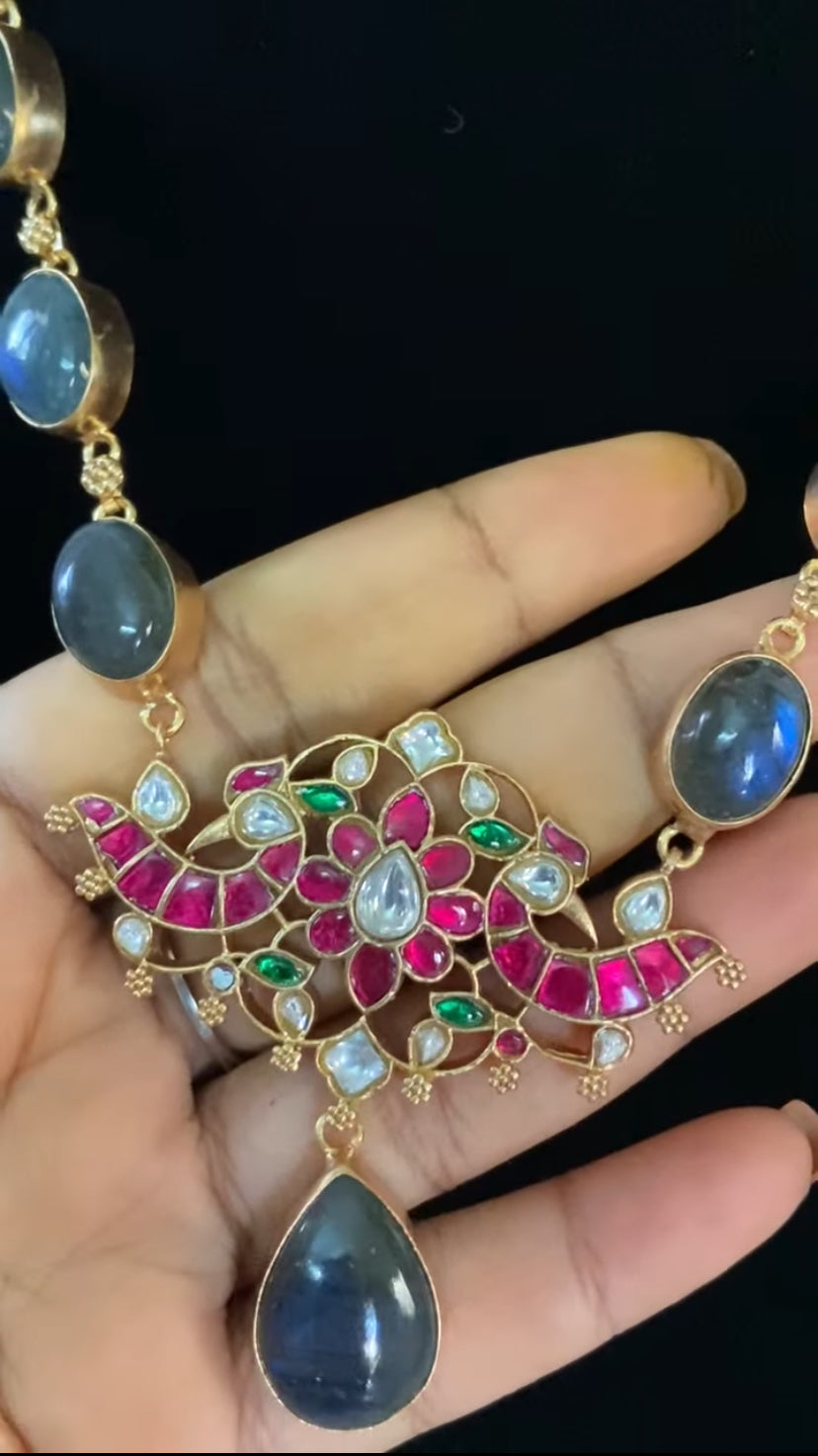 Jadau Pendant Natural Stones Fusion Necklace Set | Indian Necklace | Gift idea