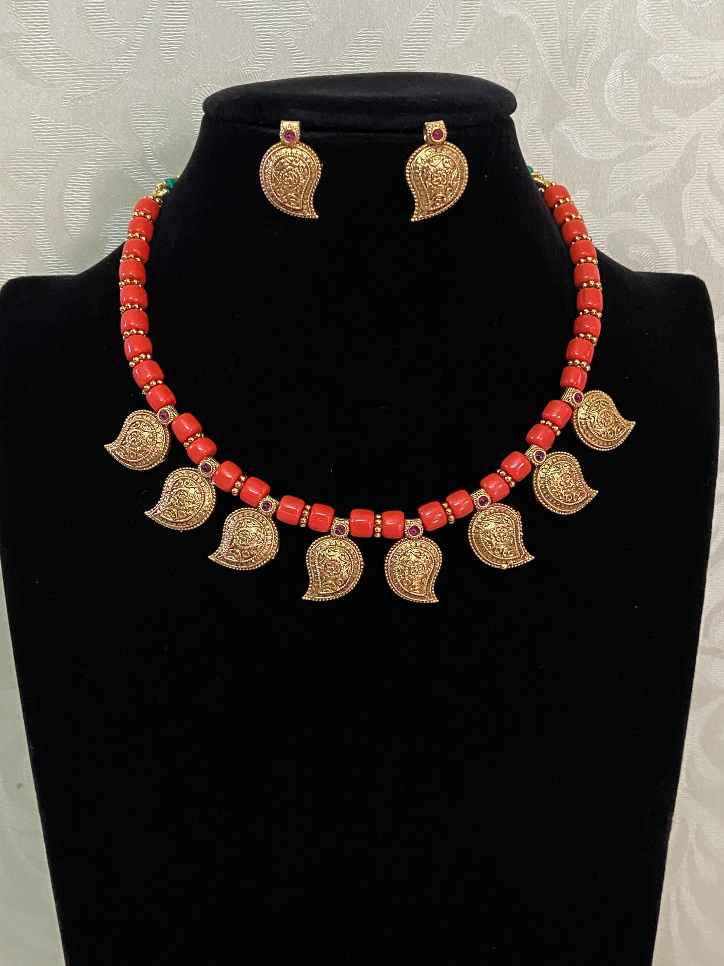 Antique Mango Pendants Coral Necklace With Earrings | Indian Beads Necklace