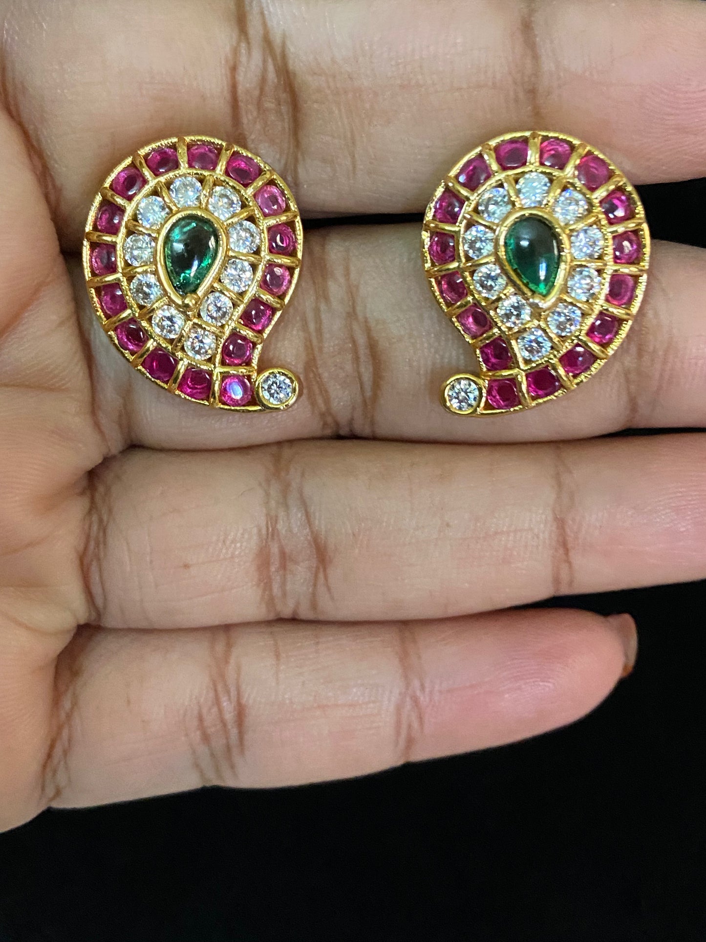 Antique AD Ruby Green Mango Studs | Indian Traditional Earrings