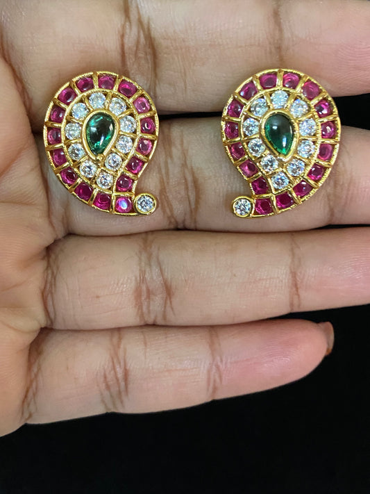 Antique AD Ruby Green Mango Studs | Indian Traditional Earrings