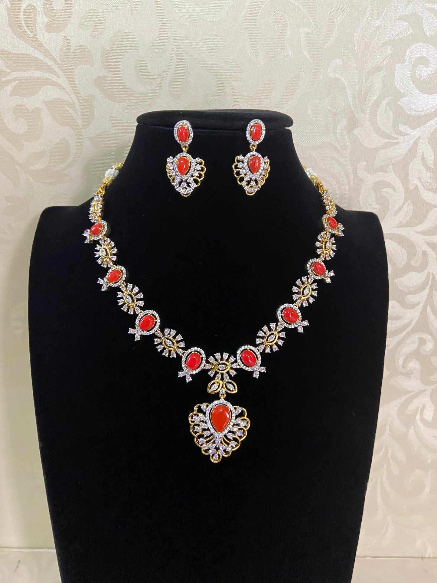 AD Coral & Emerald Necklace With Earrings | Indian Necklace
