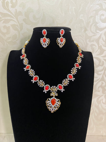 AD Coral & Emerald Necklace With Earrings | Indian Necklace