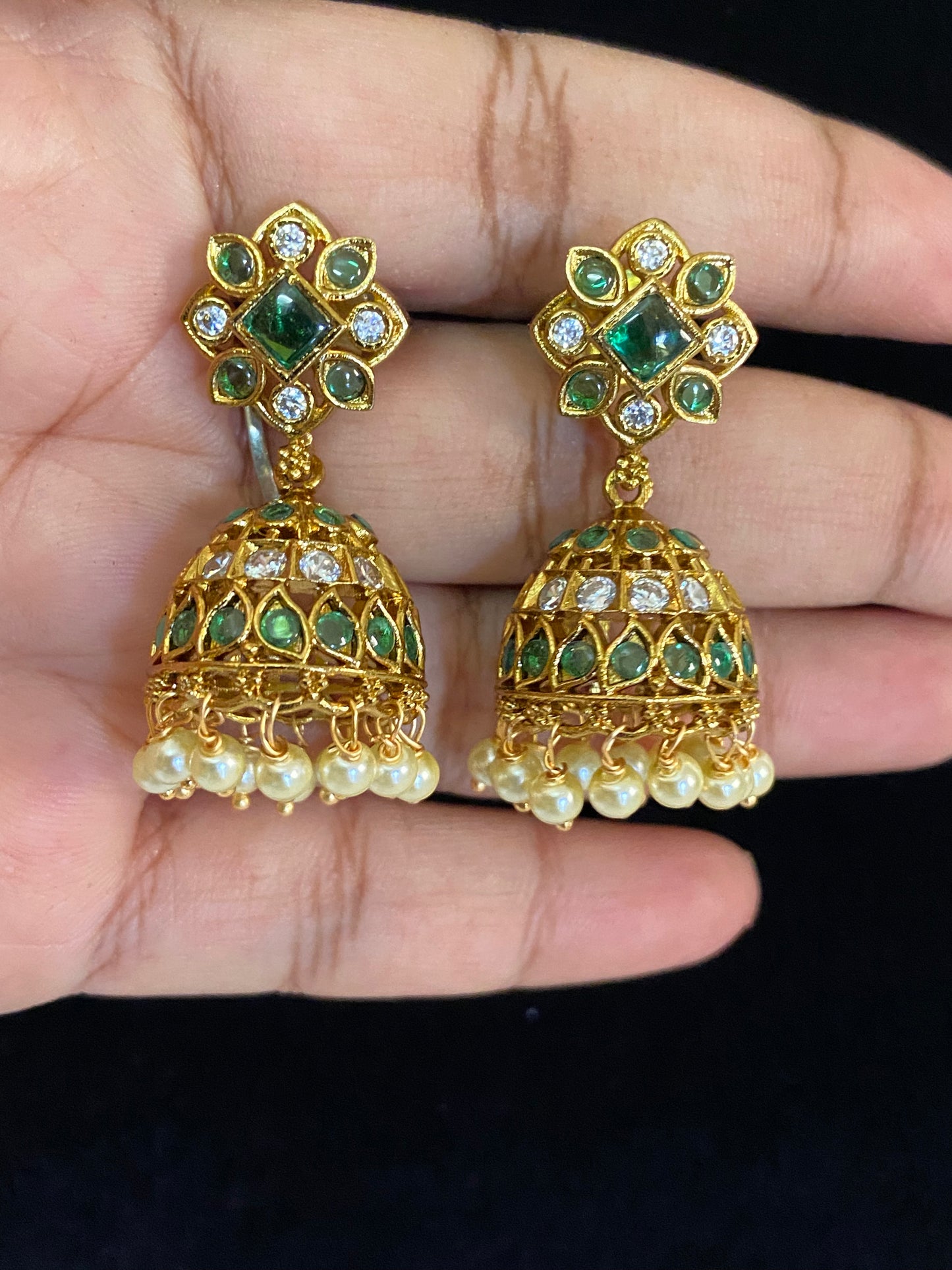 CZ Antique Real Kempu Jumkis | Traditional Indian Earrings