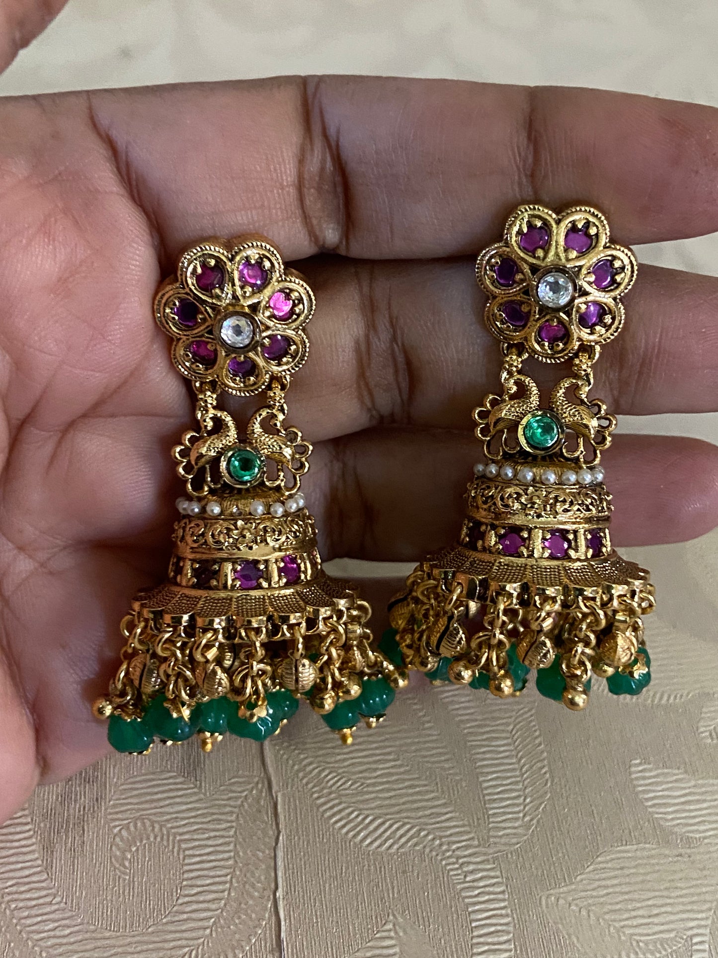 Antique Ruby Green Jumki Earrings | Indian Traditional Jewelry
