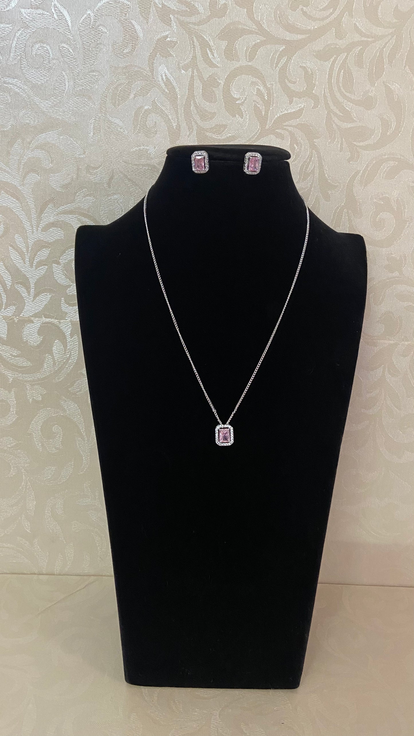CZ Pink Pendant Simple Chain With Studs | Indian Jewelry In USA
