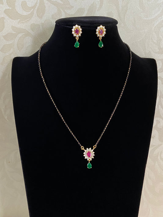 Pearl Ruby Green Pendant Mangalasutra | Black Beads Necklace With Earrings