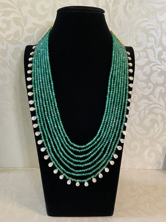 Moissanite & Green  Beads Layered Mala Necklace