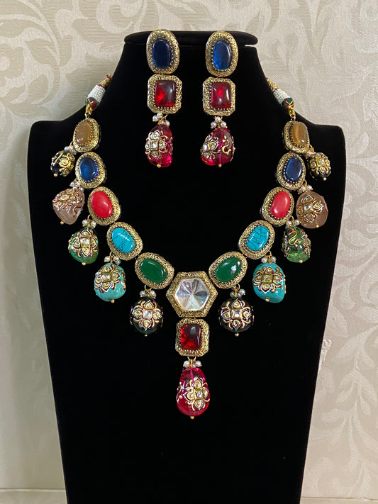 Designer Multi Colour Kundan Necklace  | Vintage Necklace With Earrings