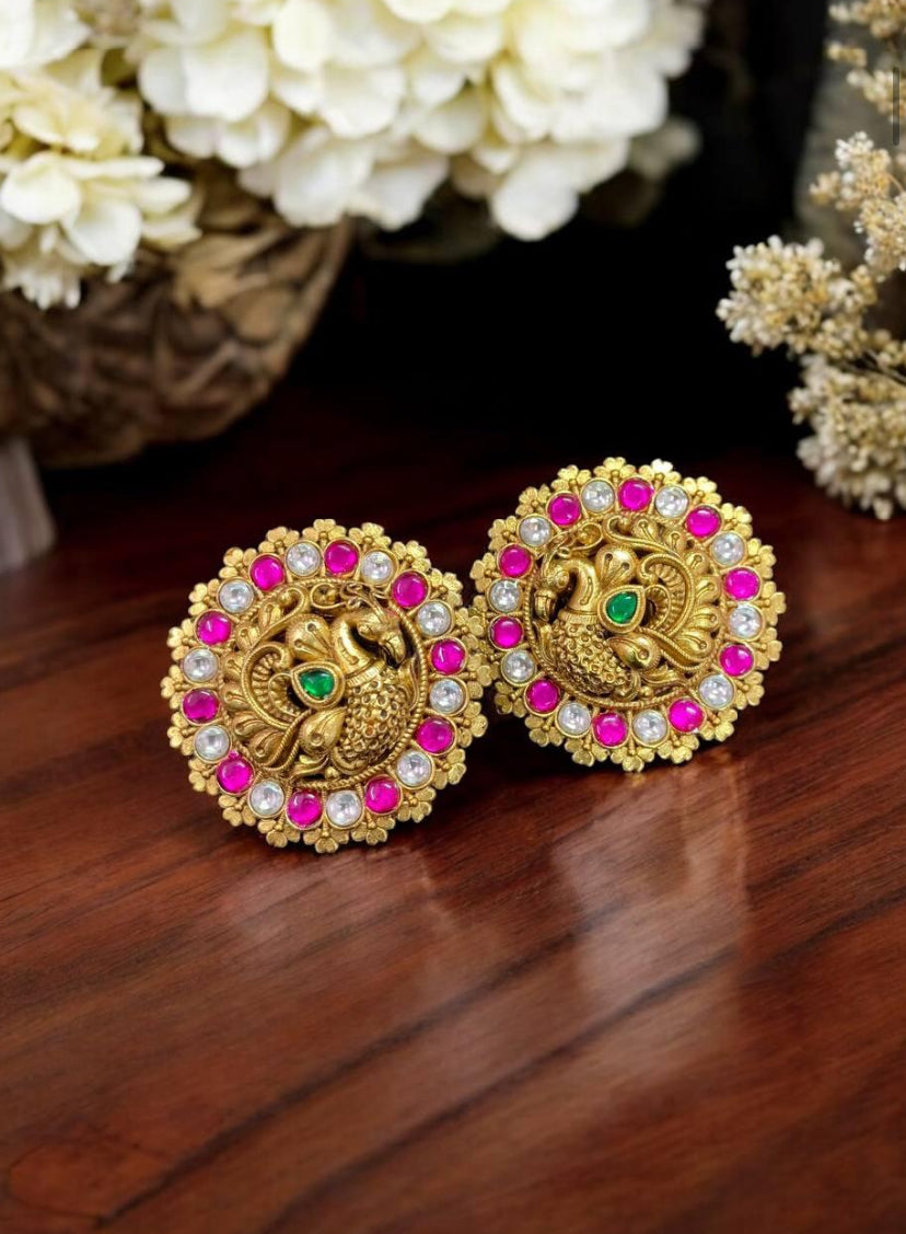 XL size Antique Kundan Peacock Studs | Indian Earrings
