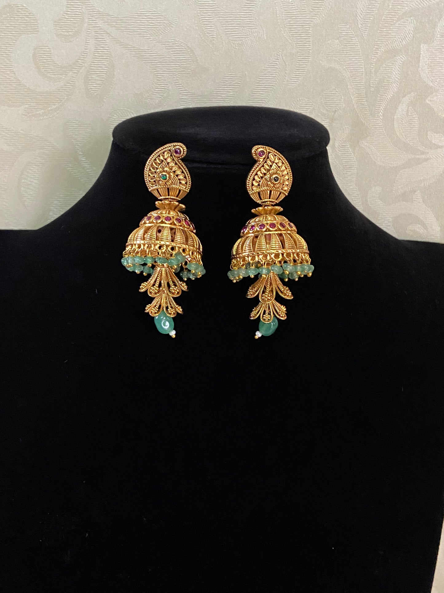 Antique Ruby Green Jumkis  | Traditional Buttalu Earrings