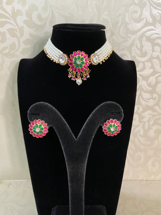 Kudan Pearl Choker With Earrings | Indian Necklace