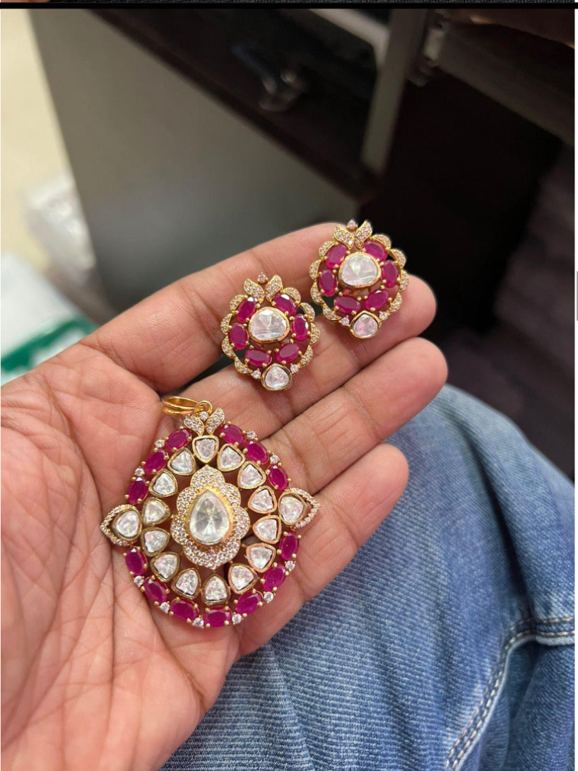 Moissanite Ruby Pendant Set | Traditional Indian Jewelry